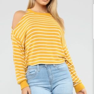 Mustard stripped cold shoulder sweater